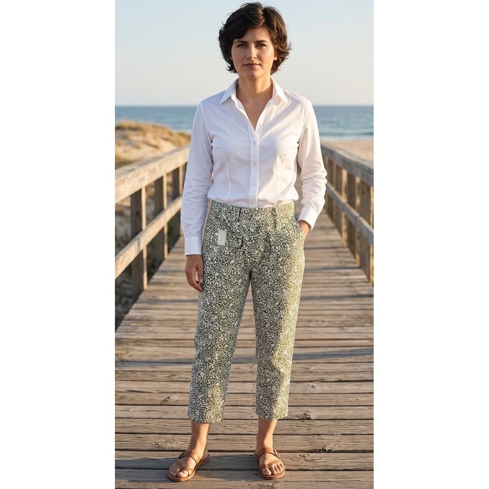 linen capri pants Green & White Floral  Sigrid OLsen Sz16 Nature Clean Girl